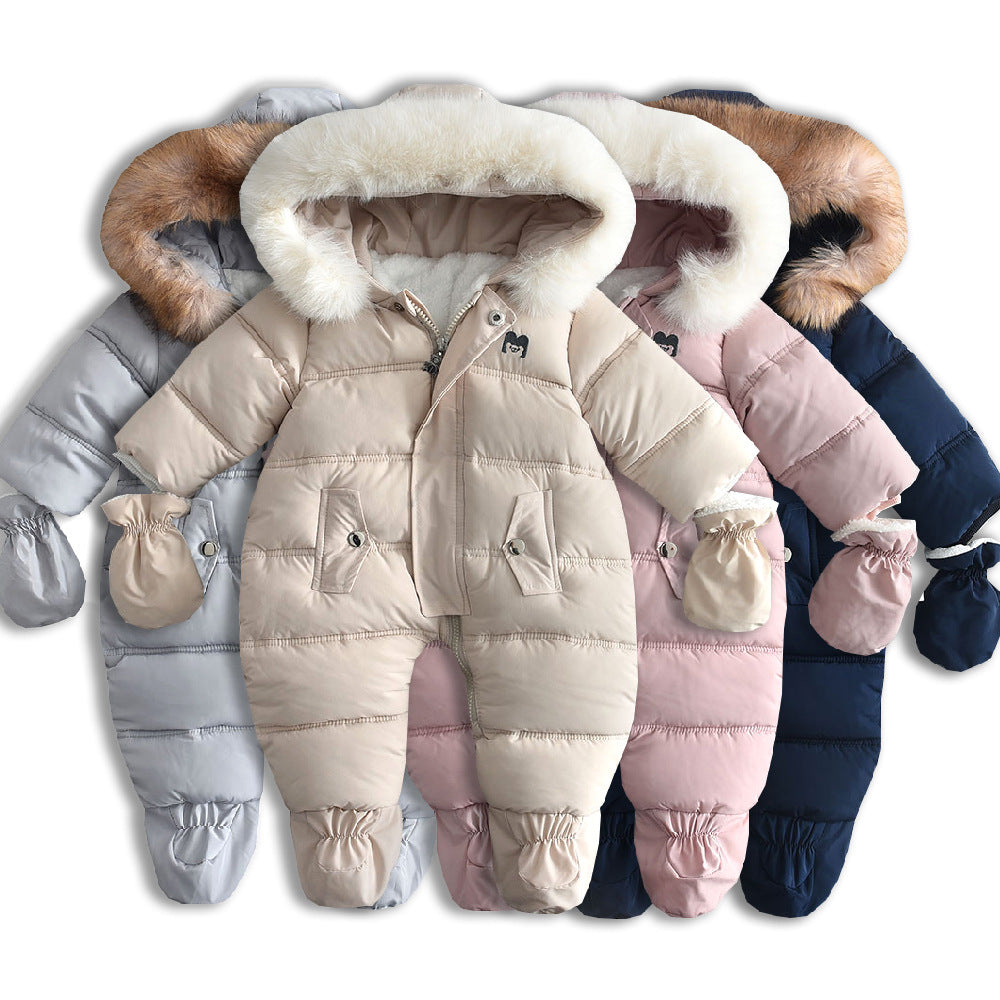 Fleece-lined Thick Large Fur Hooded Baby Jumpsuit by Baby Joy