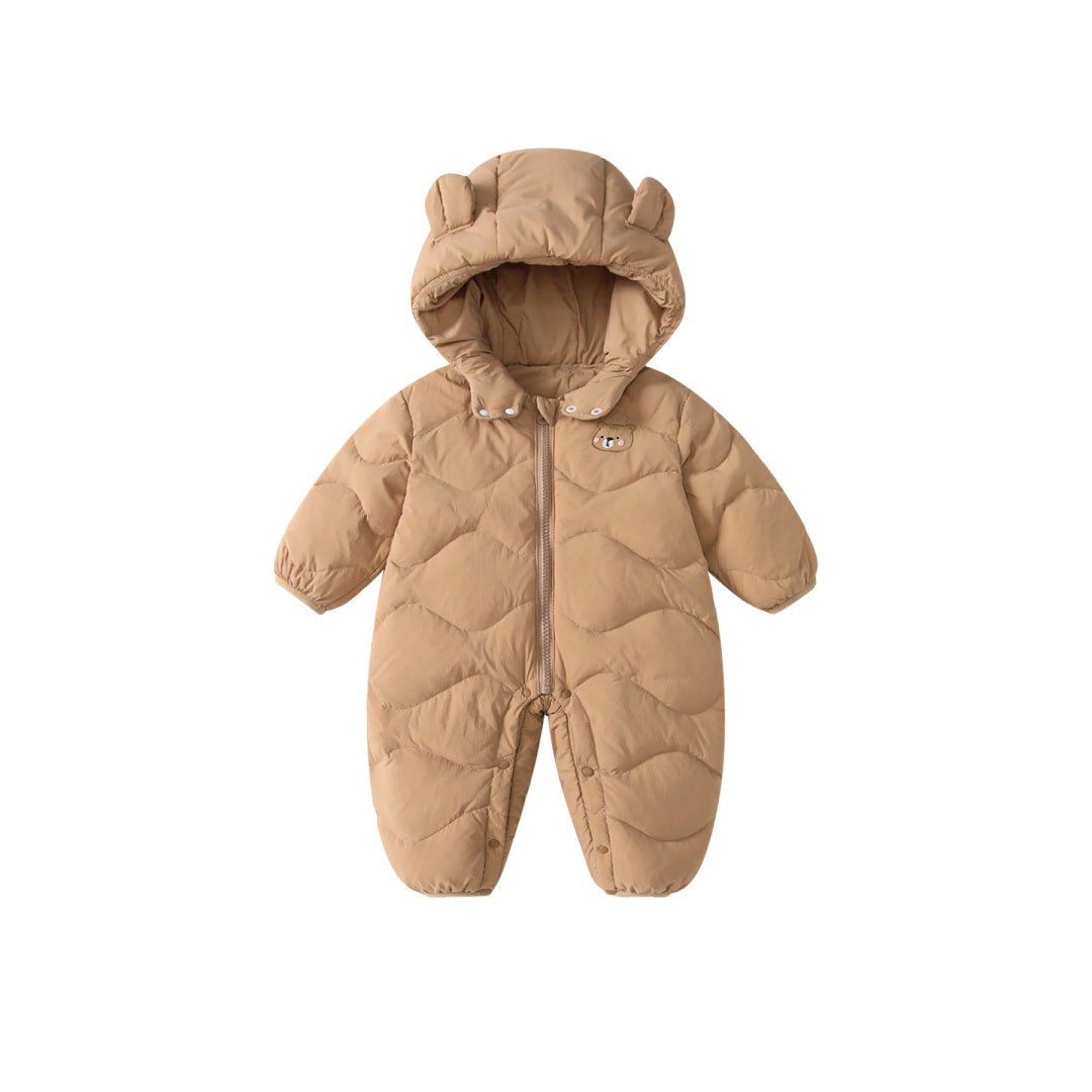 Baby Solid Color Cartoon Print Hooded Down Jumpsuit by Baby Joy