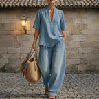 Retro V-Neck Washed Denim Top & Wide-Leg Pants Set – 3 Colors, S–3XL by FitiqueFit