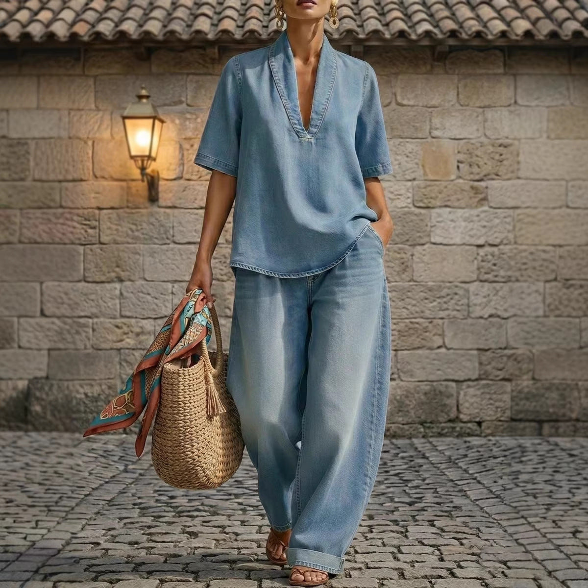 Retro V-Neck Washed Denim Top & Wide-Leg Pants Set – 3 Colors, S–3XL by FitiqueFit