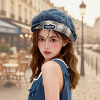 Double-Brim Turned-Up Denim Beret – Breathable Cotton Hat for Women by FitiqueFit