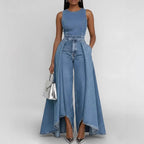 Women’s Crew Neck Sleeveless Wide-Leg Denim Jumpsuit