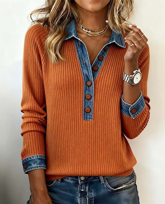 Denim Collar Patchwork Pullover Knitwear Top – Women’s Street Style by FitiqueFit