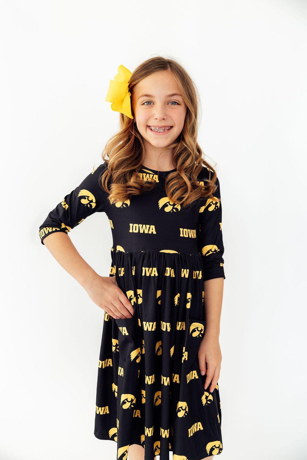 Iowa Black Tigerhawk 3/4 Sleeve Pocket Twirl Dress by Mila & Rose ®