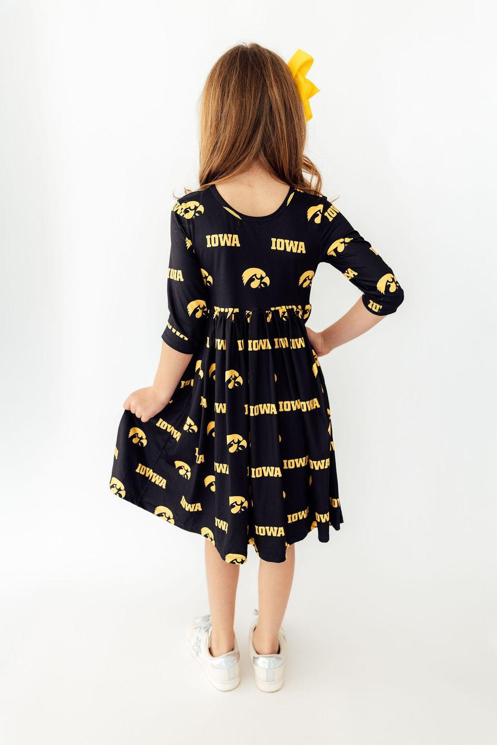 Iowa Black Tigerhawk 3/4 Sleeve Pocket Twirl Dress by Mila & Rose ®