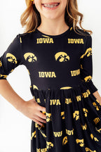 Iowa Black Tigerhawk 3/4 Sleeve Pocket Twirl Dress by Mila & Rose ®