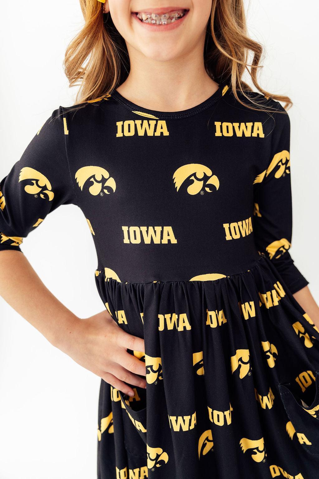 Iowa Black Tigerhawk 3/4 Sleeve Pocket Twirl Dress by Mila & Rose ®