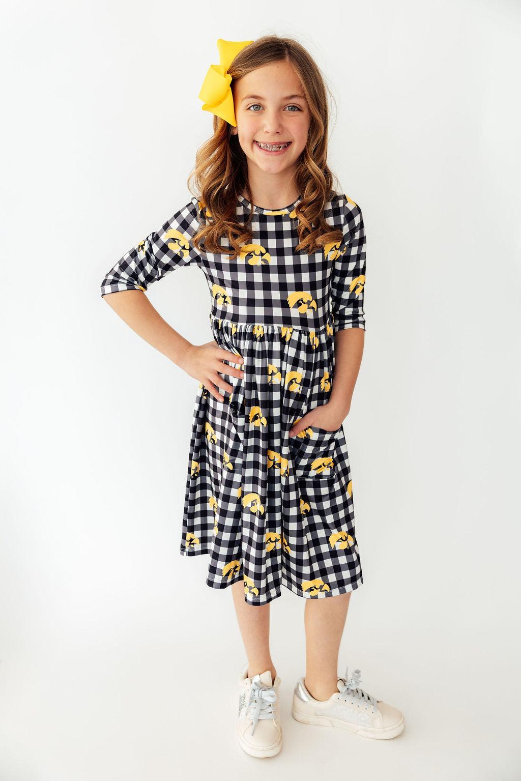 Iowa Plaid Tigerhawk 3/4 Sleeve Pocket Twirl Dress by Mila & Rose ®