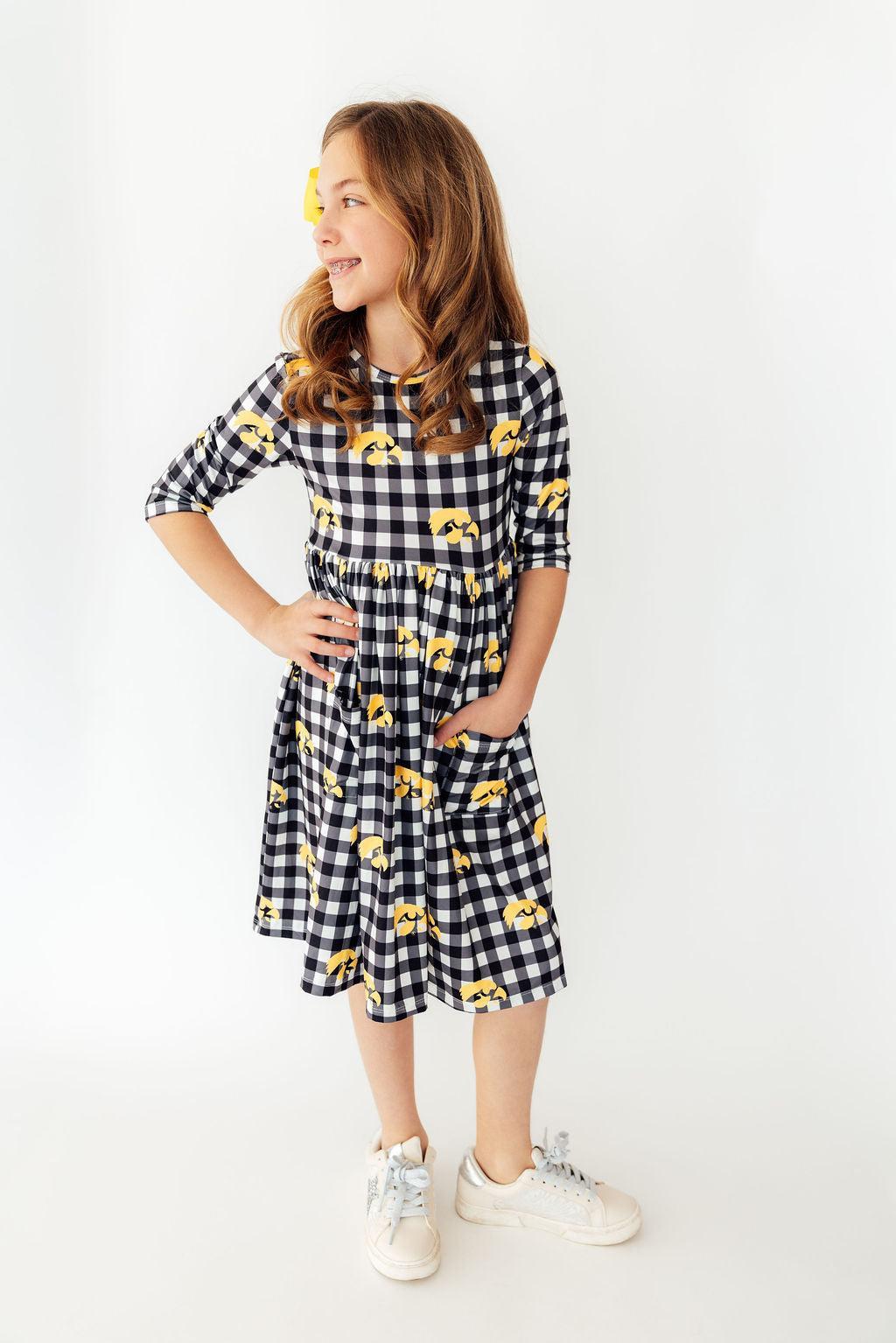 Iowa Plaid Tigerhawk 3/4 Sleeve Pocket Twirl Dress by Mila & Rose ®
