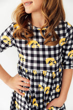 Iowa Plaid Tigerhawk 3/4 Sleeve Pocket Twirl Dress by Mila & Rose ®