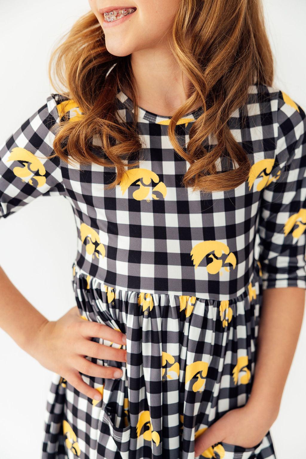 Iowa Plaid Tigerhawk 3/4 Sleeve Pocket Twirl Dress by Mila & Rose ®