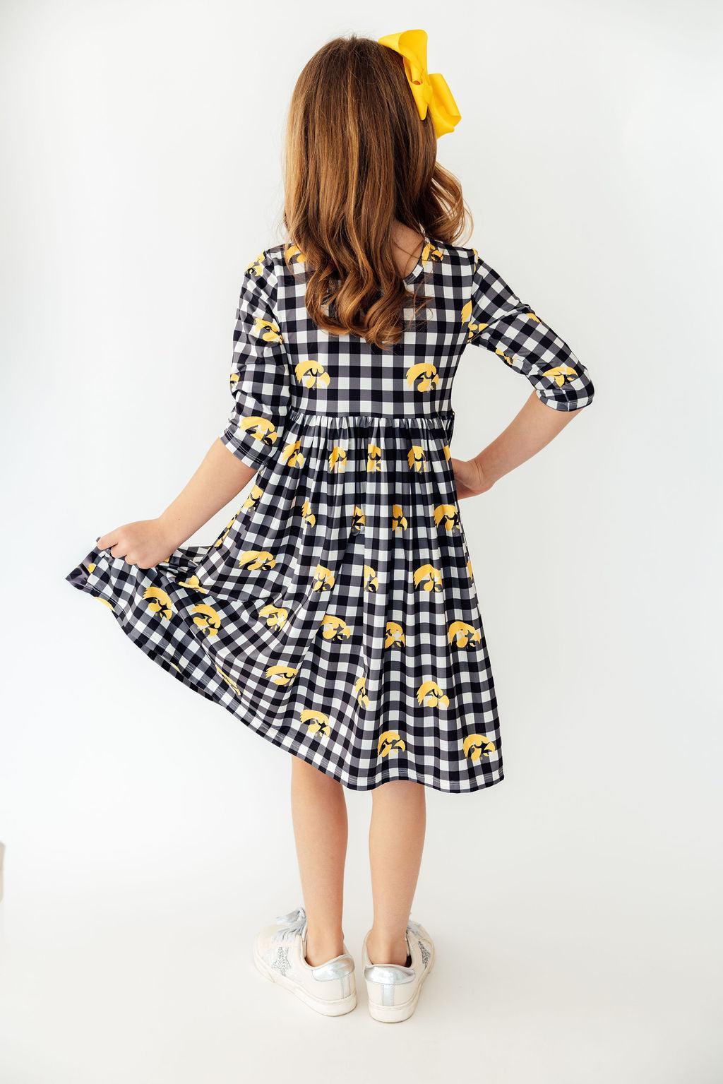 Iowa Plaid Tigerhawk 3/4 Sleeve Pocket Twirl Dress by Mila & Rose ®