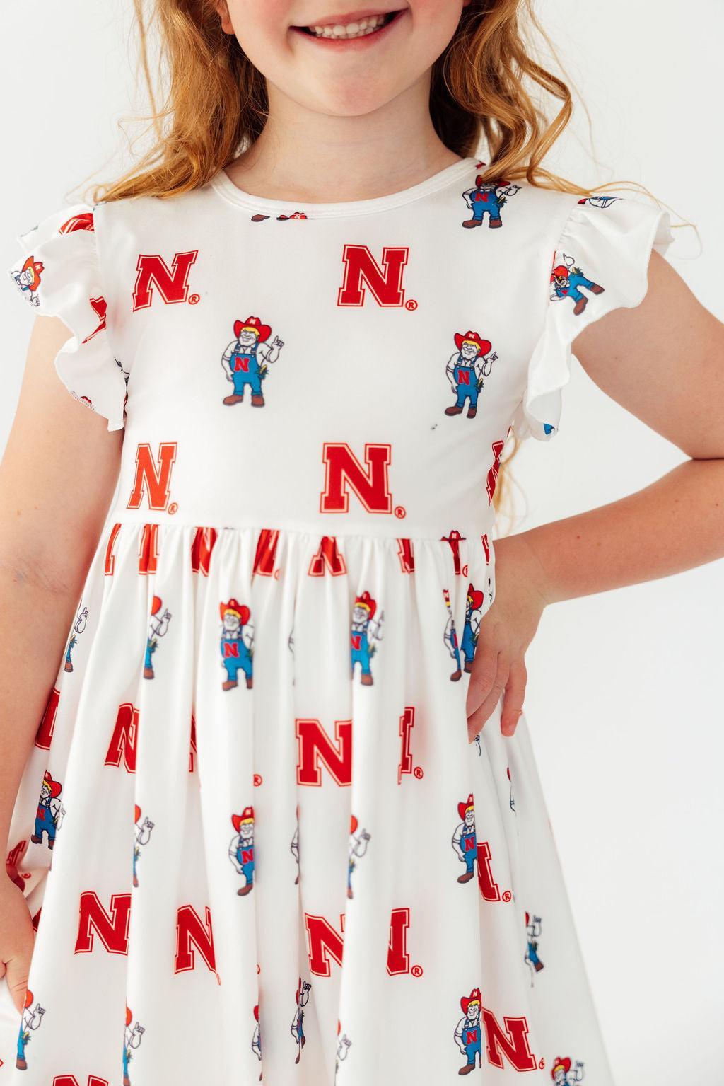 Nebraska White Herbie Husker Flutter Twirl Dress by Mila & Rose ®
