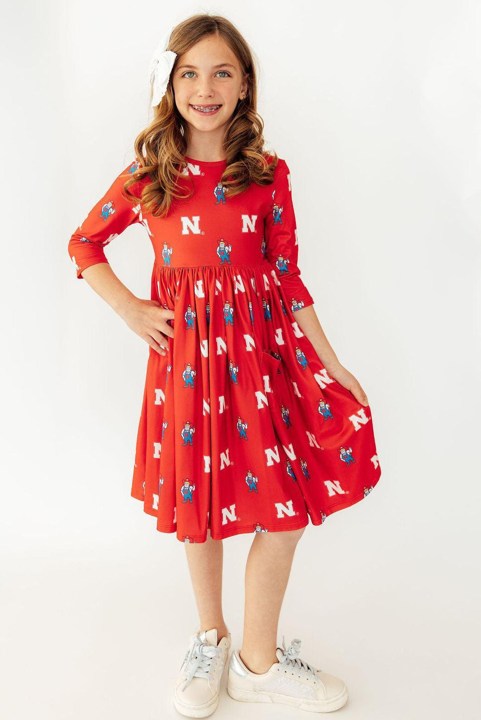 Nebraska Red Herbie Husker 3/4 Sleeve Pocket Twirl Dress by Mila & Rose ®