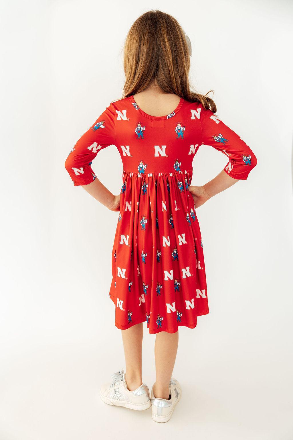 Nebraska Red Herbie Husker 3/4 Sleeve Pocket Twirl Dress by Mila & Rose ®