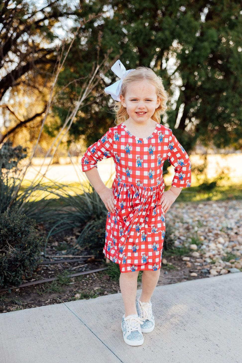 Nebraska Plaid Herbie Husker 3/4 Sleeve Pocket Twirl Dress by Mila & Rose ®