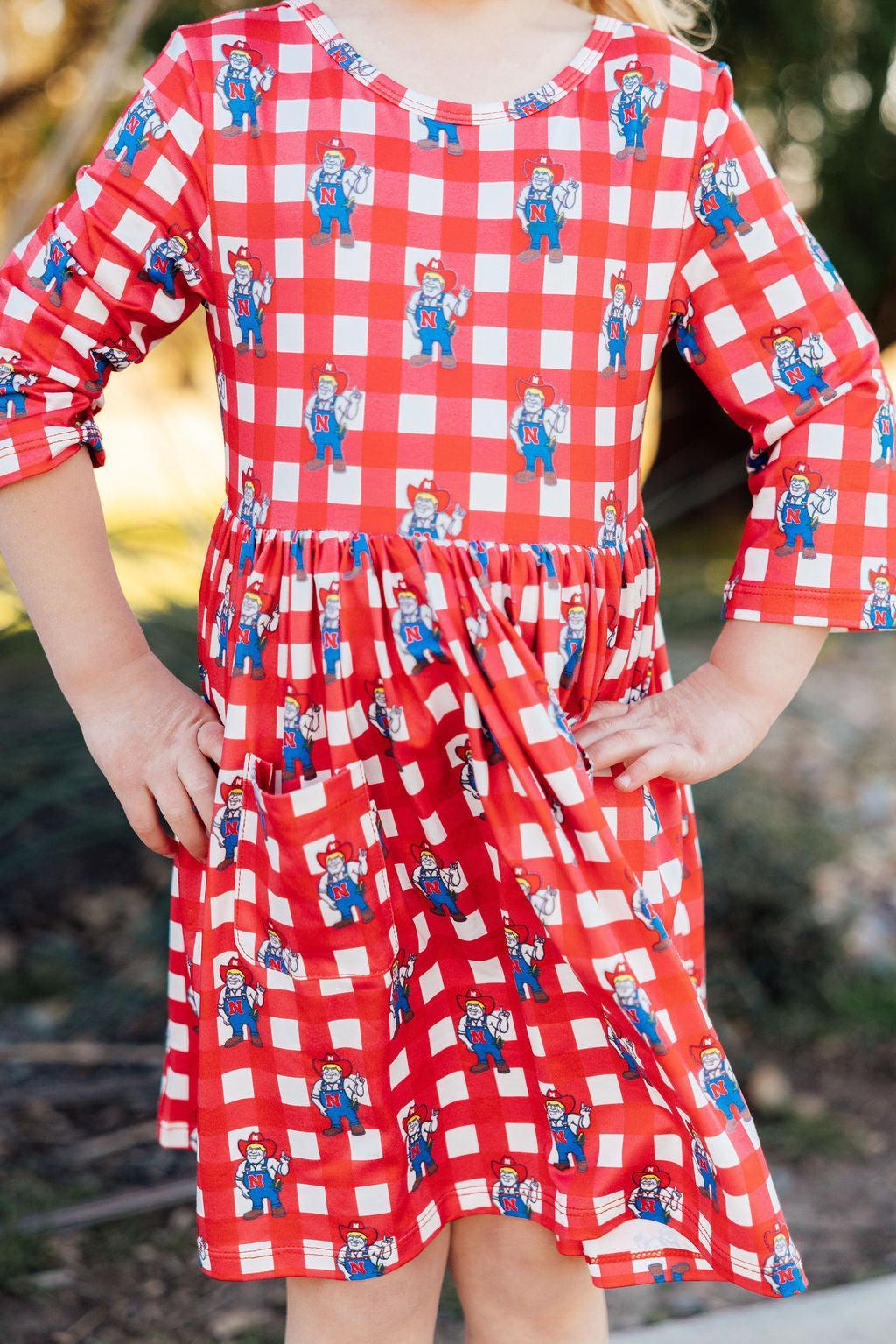 Nebraska Plaid Herbie Husker 3/4 Sleeve Pocket Twirl Dress by Mila & Rose ®