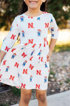 Nebraska White Herbie Husker 3/4 Sleeve Pocket Twirl Dress by Mila & Rose ®