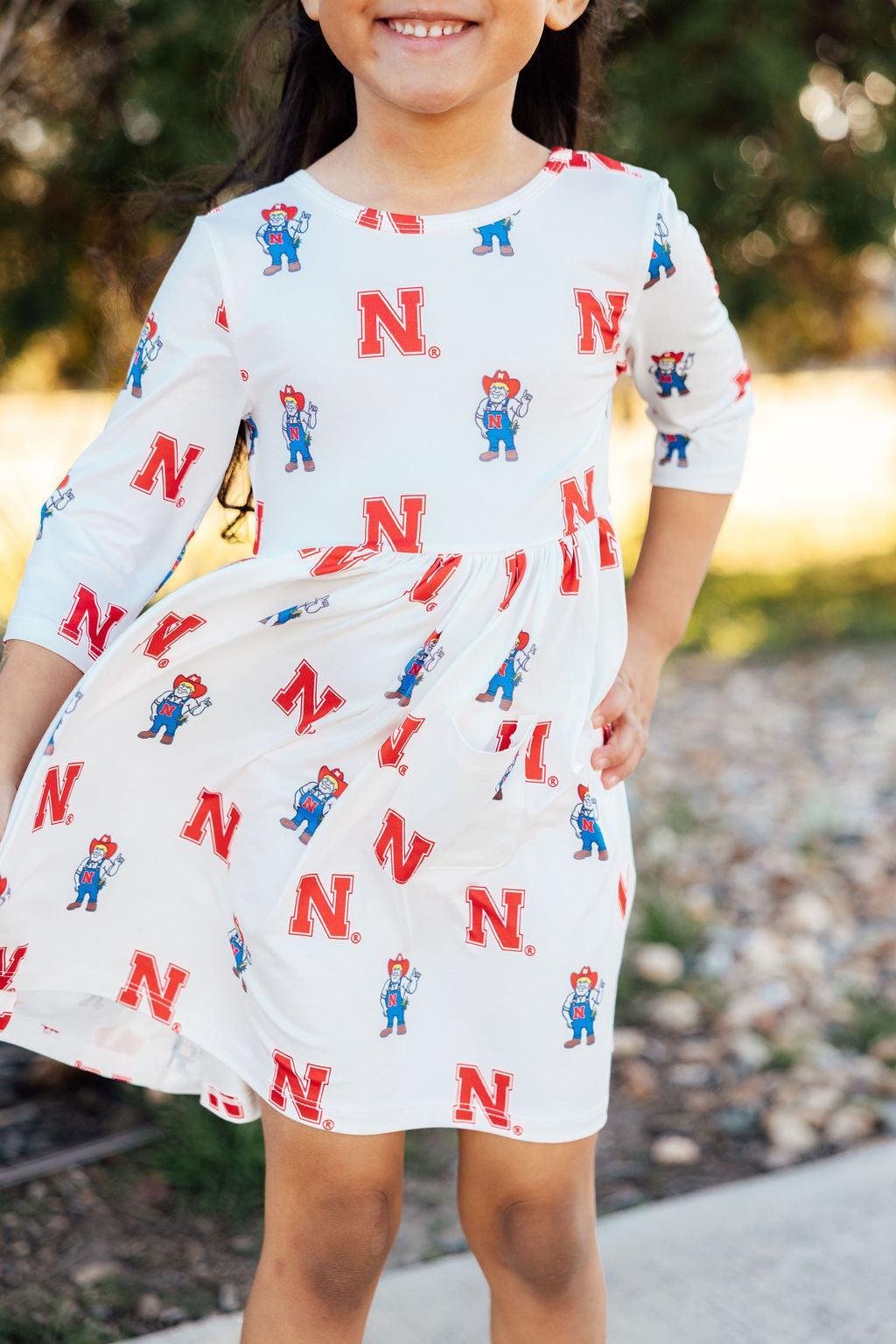 Nebraska White Herbie Husker 3/4 Sleeve Pocket Twirl Dress by Mila & Rose ®