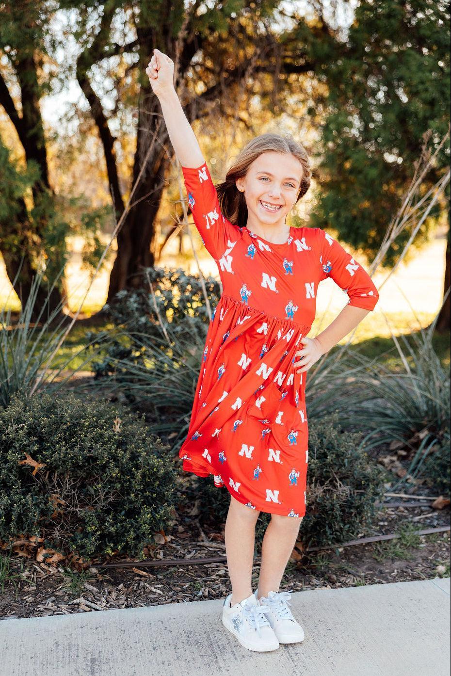 Nebraska Red Herbie Husker 3/4 Sleeve Pocket Twirl Dress by Mila & Rose ®