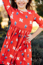Nebraska Red Herbie Husker 3/4 Sleeve Pocket Twirl Dress by Mila & Rose ®