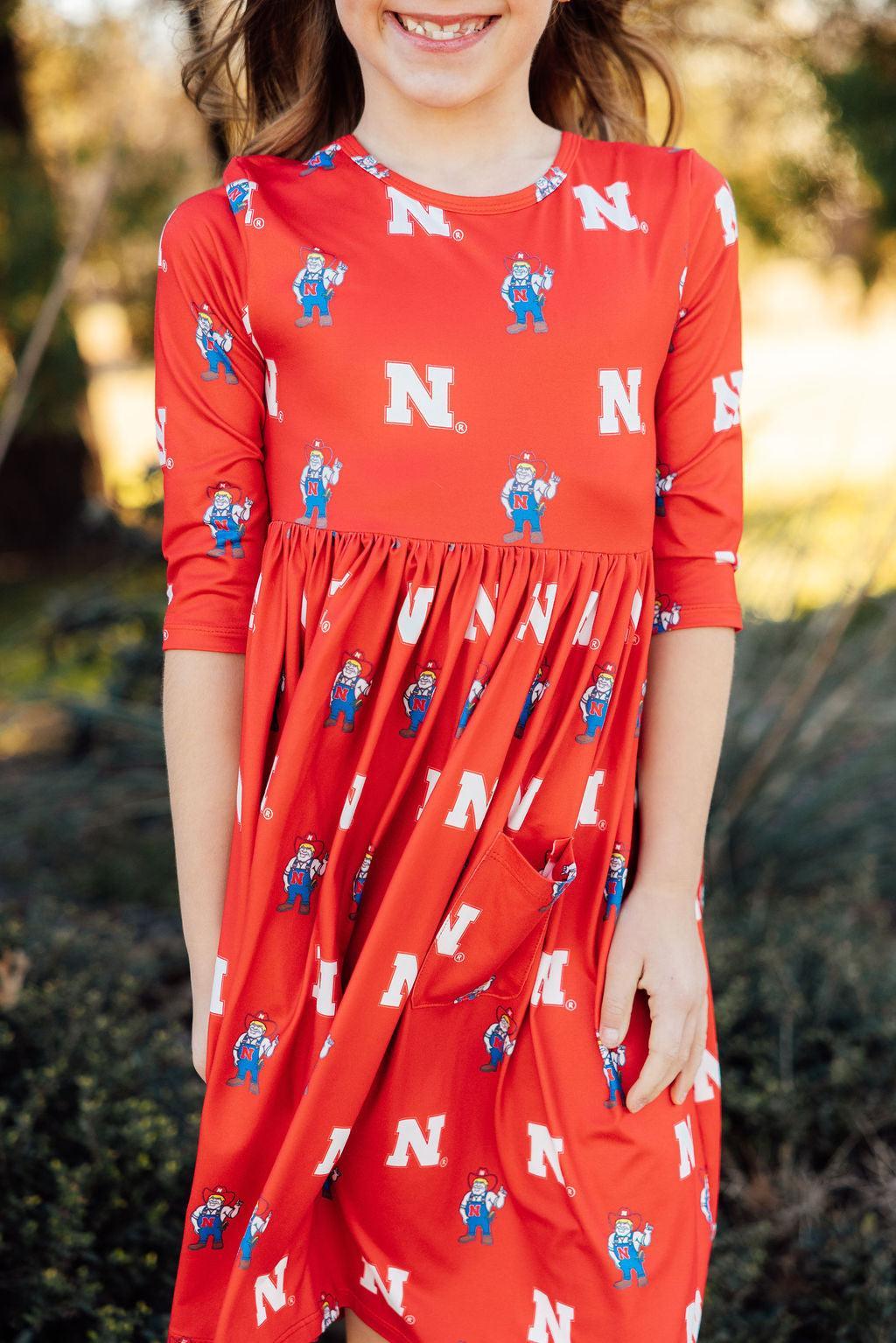 Nebraska Red Herbie Husker 3/4 Sleeve Pocket Twirl Dress by Mila & Rose ®