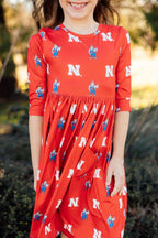 Nebraska Red Herbie Husker 3/4 Sleeve Pocket Twirl Dress by Mila & Rose ®