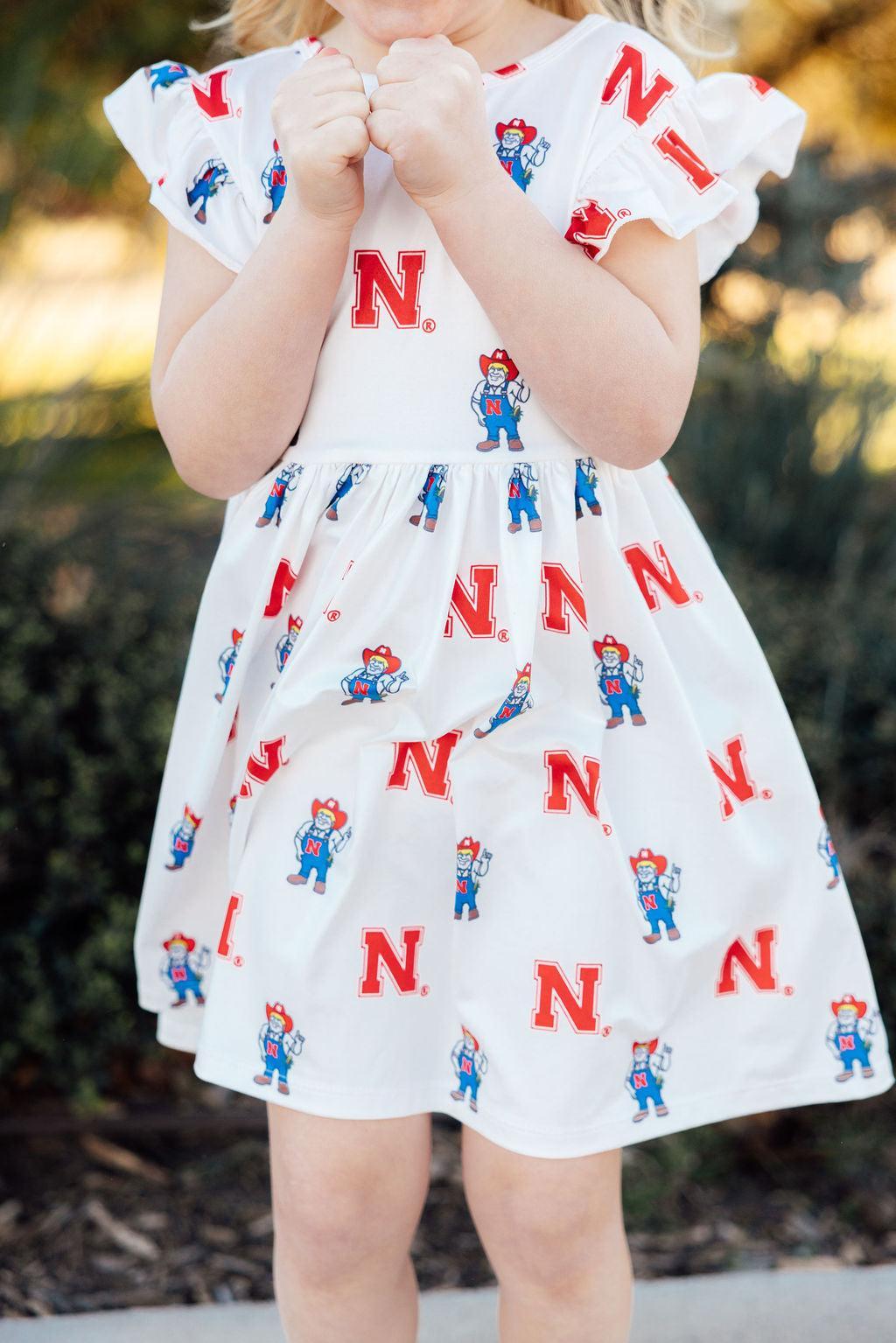 Nebraska White Herbie Husker Flutter Twirl Dress by Mila & Rose ®