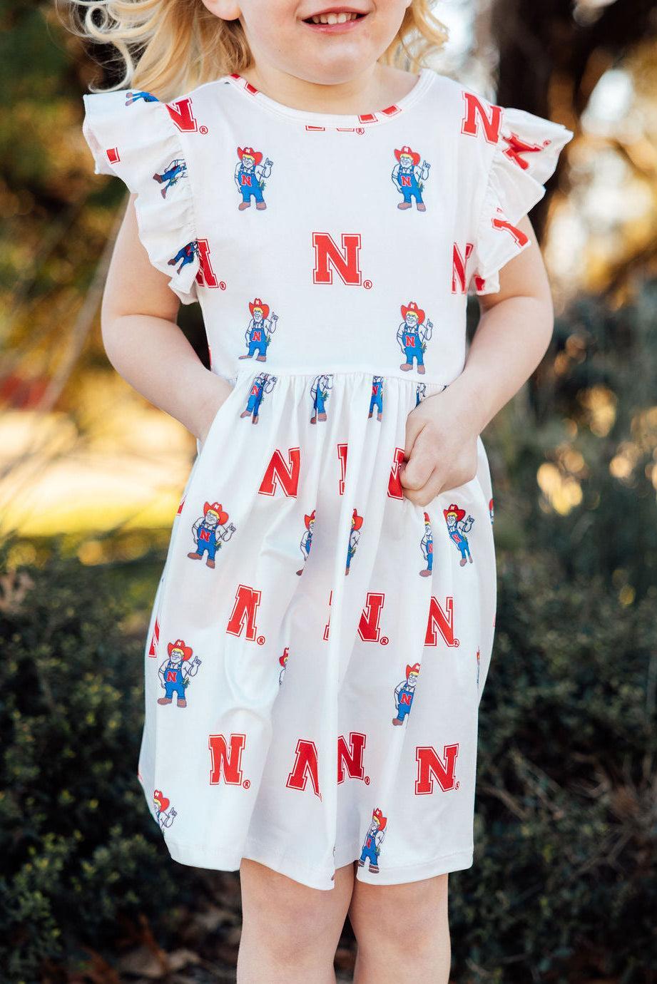 Nebraska White Herbie Husker Flutter Twirl Dress by Mila & Rose ®