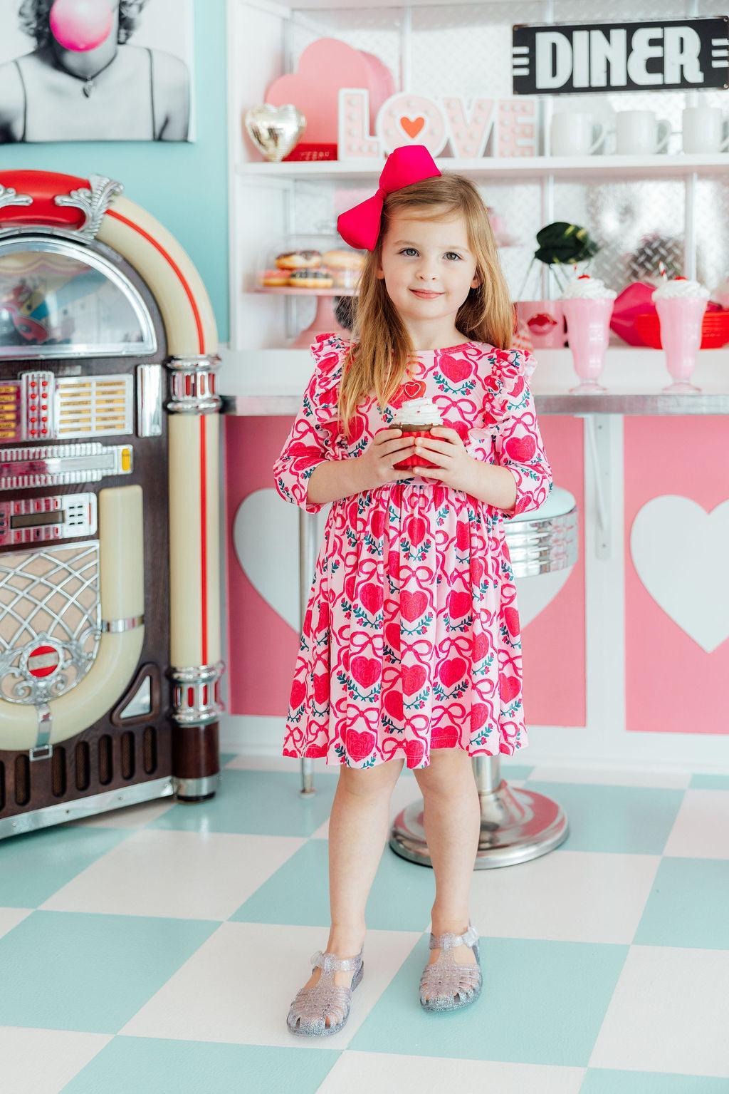 Fluttering Hearts 3/4 Sleeve Ruffle Twirl Dress by Mila & Rose ®