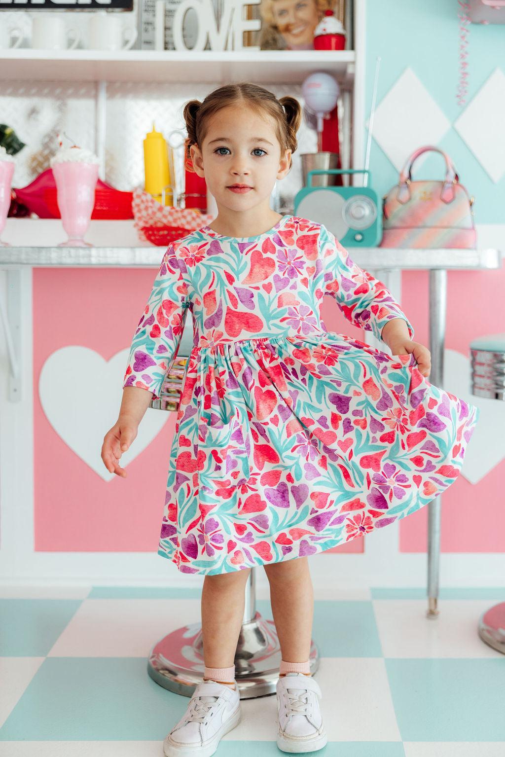 Watercolor Hearts 3/4 Sleeve Pocket Twirl Dress by Mila & Rose ®