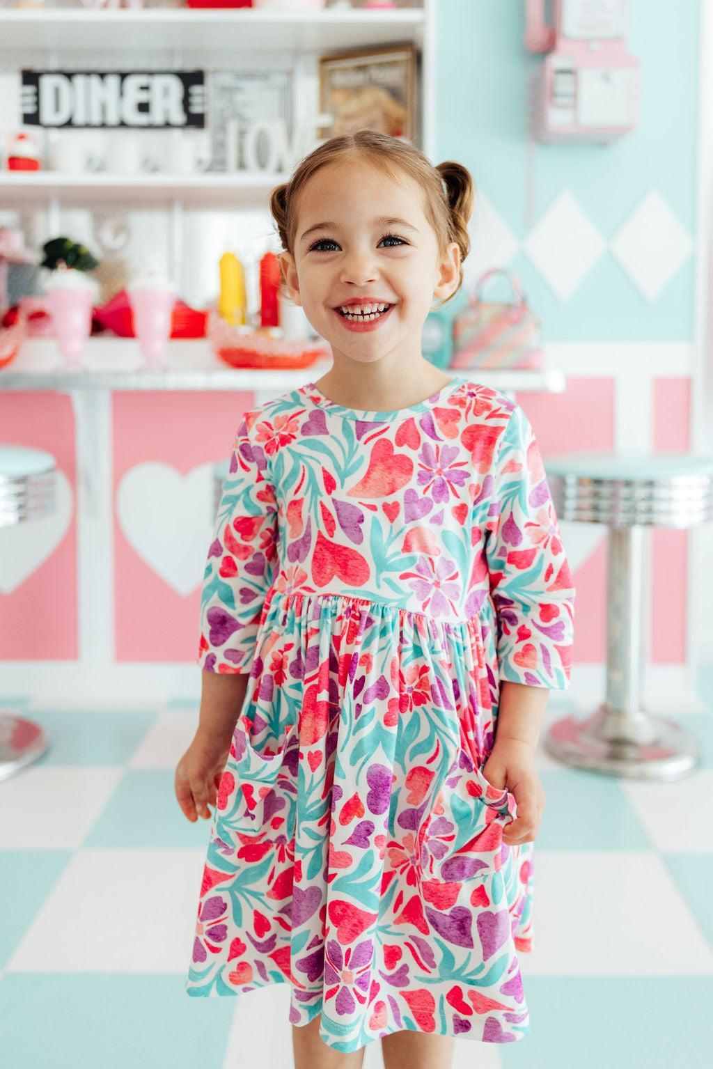 Watercolor Hearts 3/4 Sleeve Pocket Twirl Dress by Mila & Rose ®