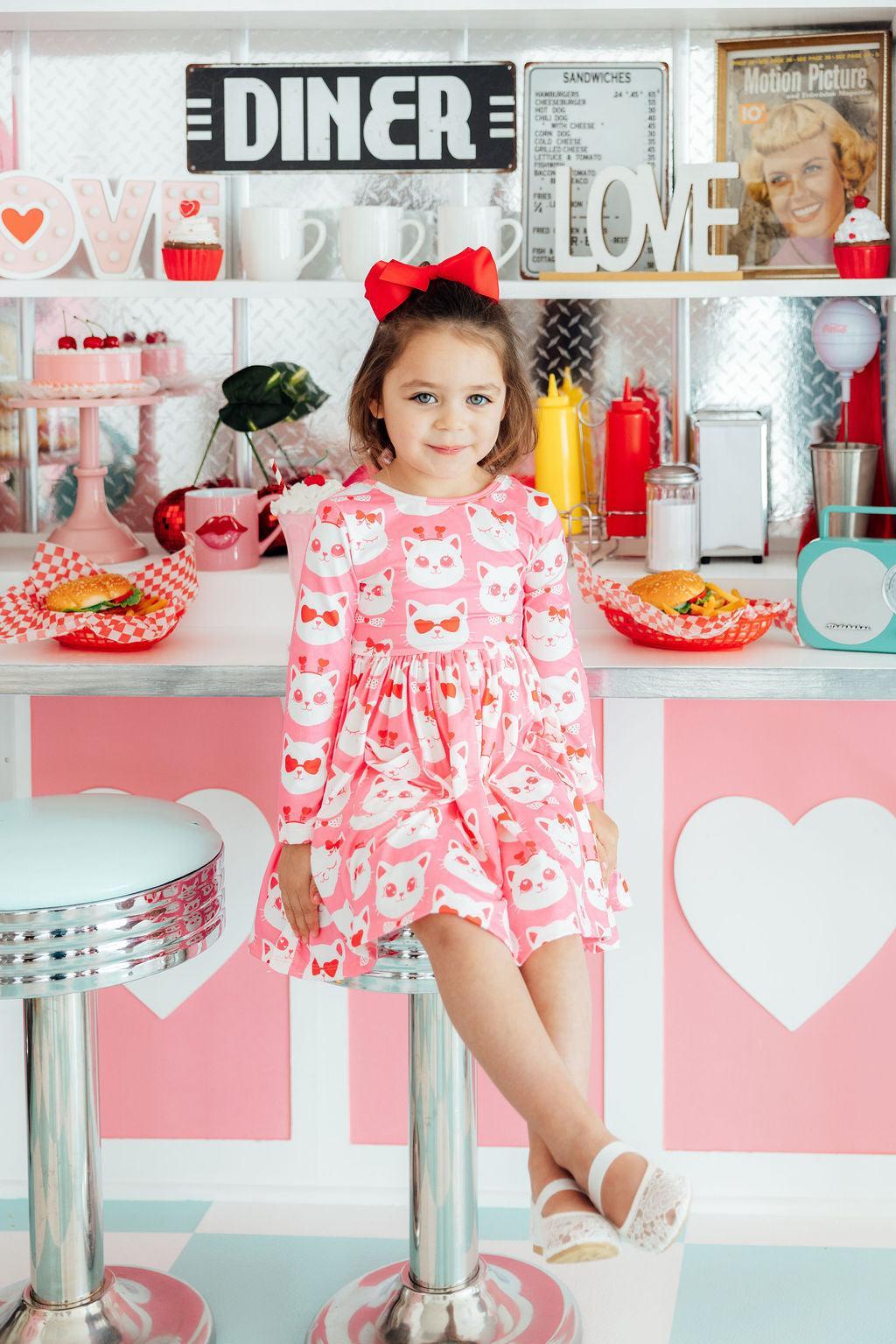 Cutie Cat L/S Pocket Twirl Dress by Mila & Rose ®