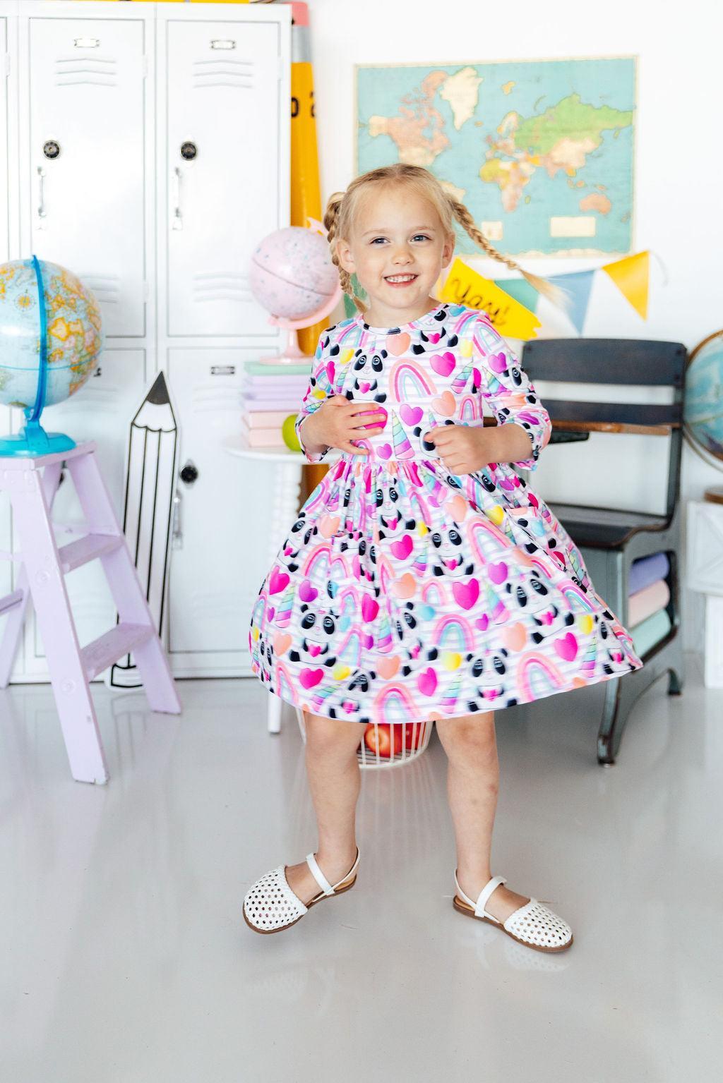 Peace, Love & Pandacorns 3/4 Sleeve Pocket Twirl Dress by Mila & Rose ®
