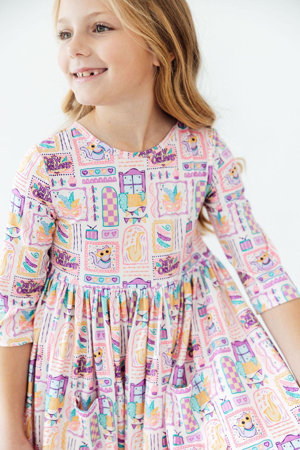 French Quarter Fun 3/4 Sleeve Pocket Twirl Dress by Mila & Rose ®