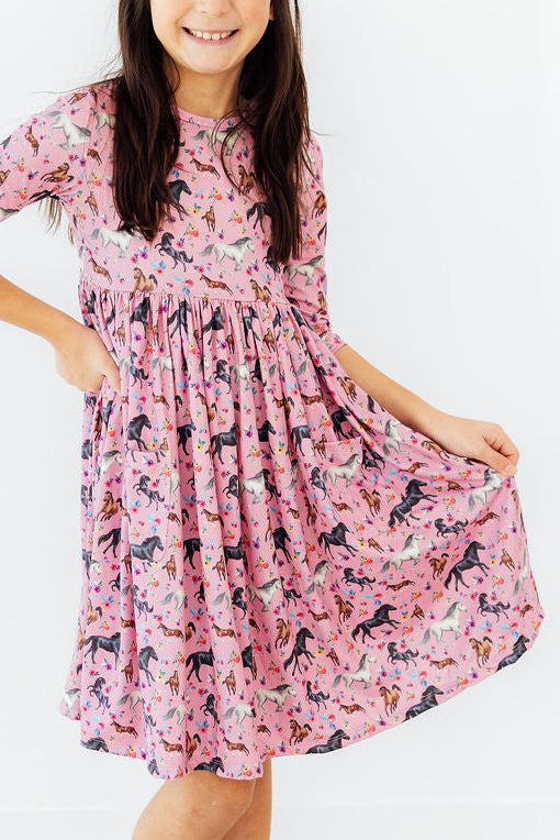 Petals & Ponies 3/4 Sleeve Pocket Twirl Dress by Mila & Rose ®
