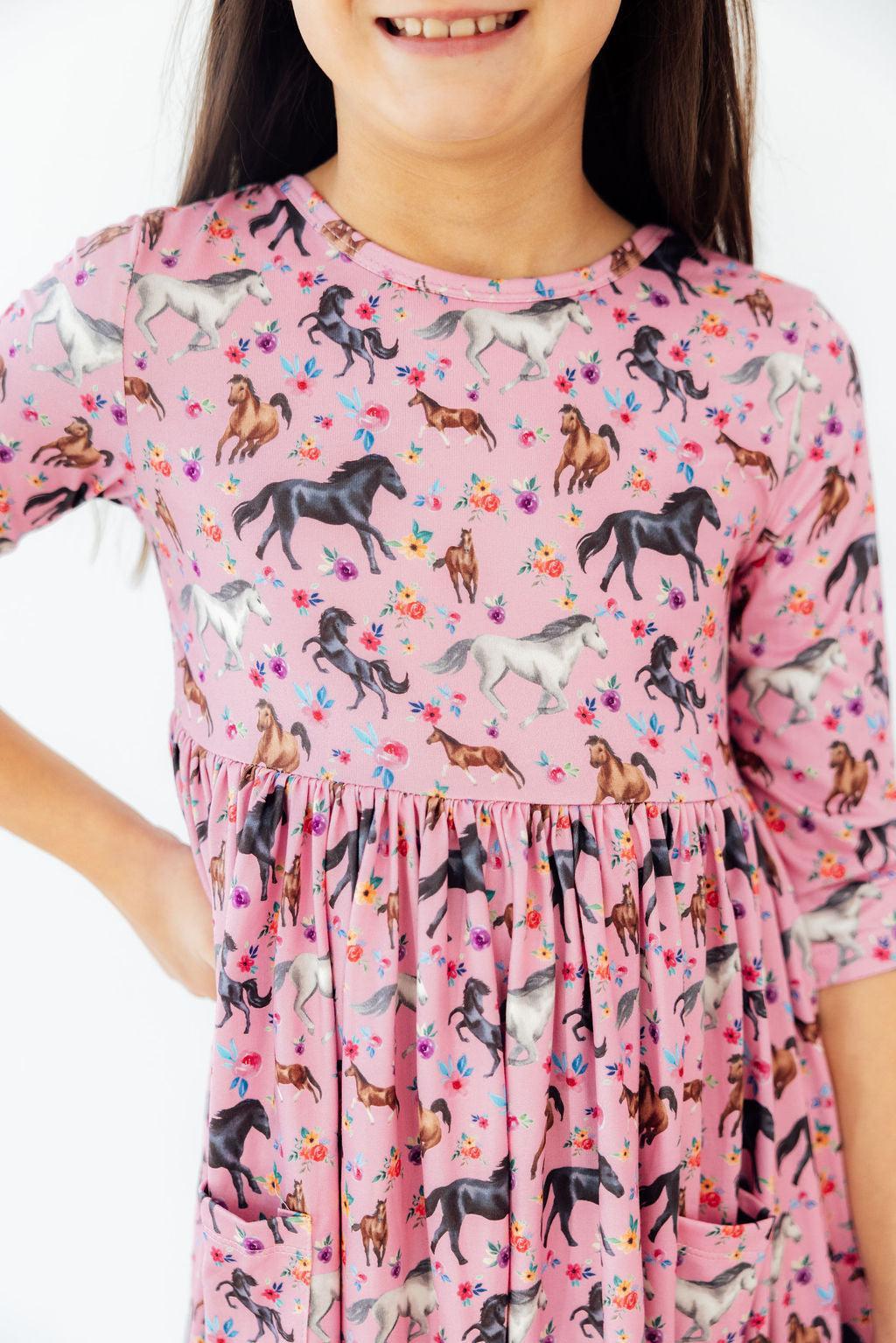 Petals & Ponies 3/4 Sleeve Pocket Twirl Dress by Mila & Rose ®