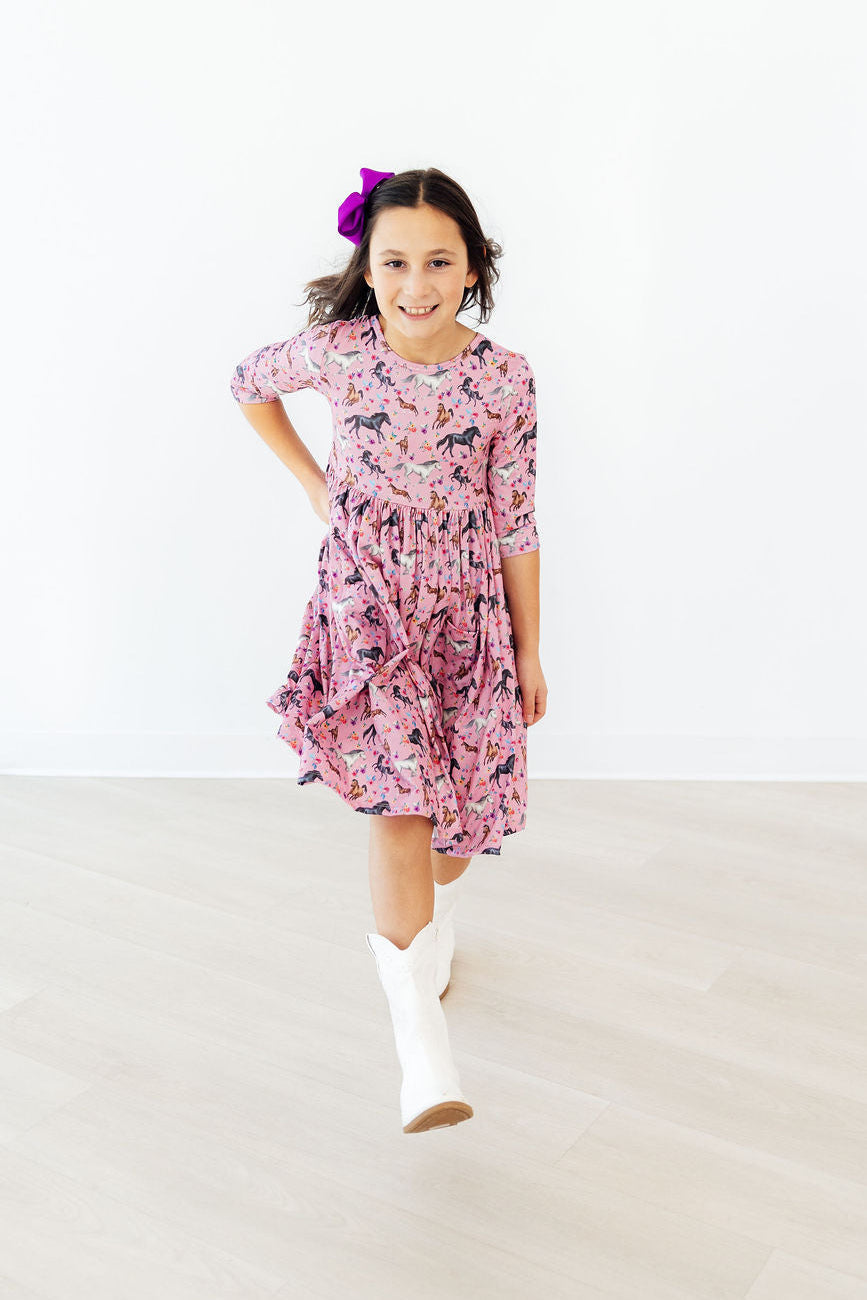 Petals & Ponies 3/4 Sleeve Pocket Twirl Dress by Mila & Rose ®