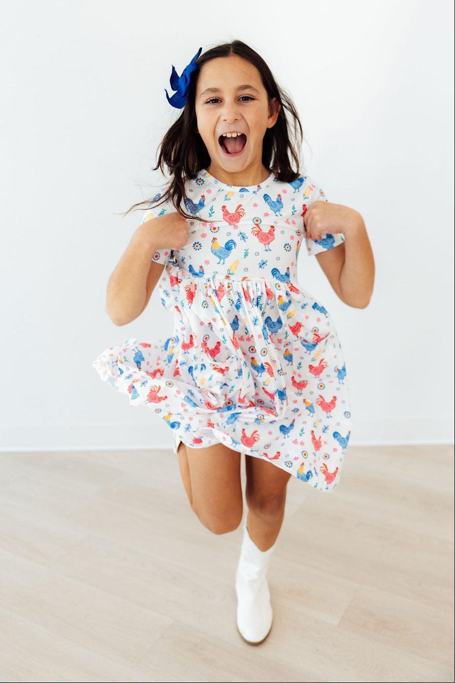 Rainbow Roosters S/S Pocket Twirl Dress by Mila & Rose ®