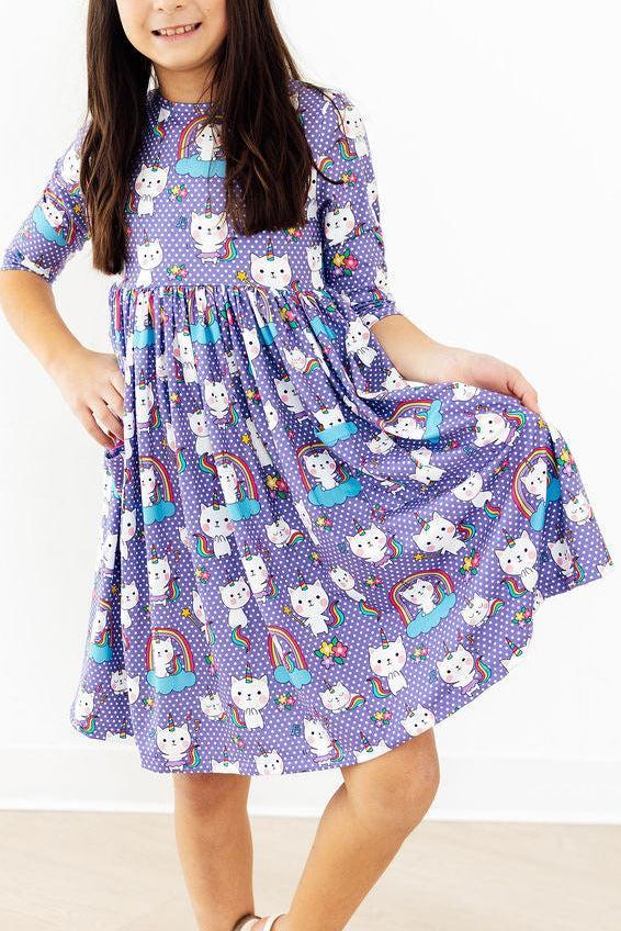 Kitties in the Clouds 3/4 Sleeve Pocket Twirl Dress by Mila & Rose ®