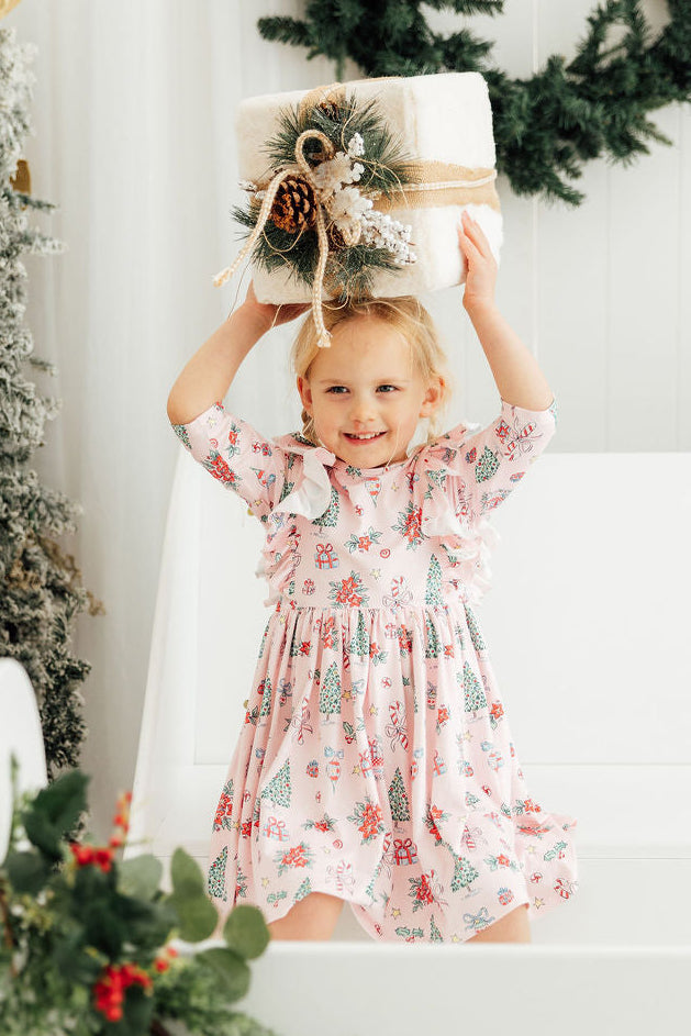 Pink Christmas 3/4 Sleeve Ruffle Twirl Dress by Mila & Rose ®