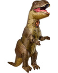 Person in Jurassic World T-Rex inflatable kids costume with sound, brown dinosaur suit, open mouth.