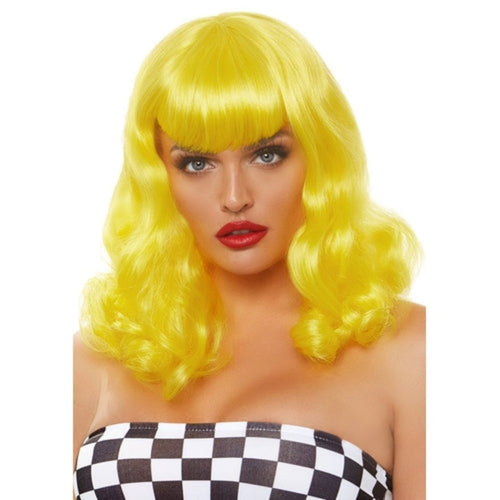 16-inch retro bang curly bob wig in bright yellow with bangs and curls on a model.