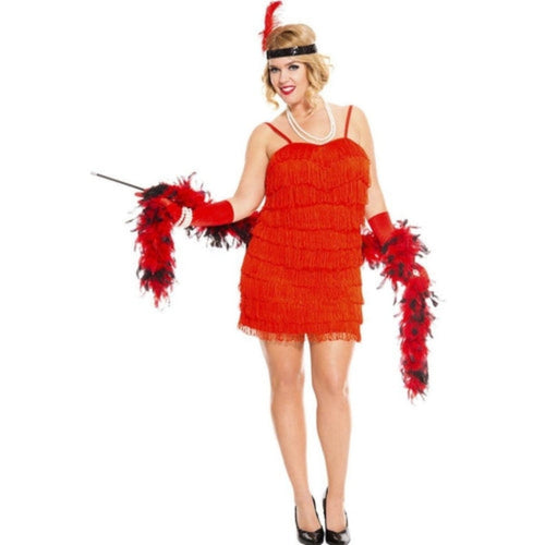 Flaming 1920s flapper costume: red fringed dress, headpiece with feather, cigarette holder, gloves, feather boa