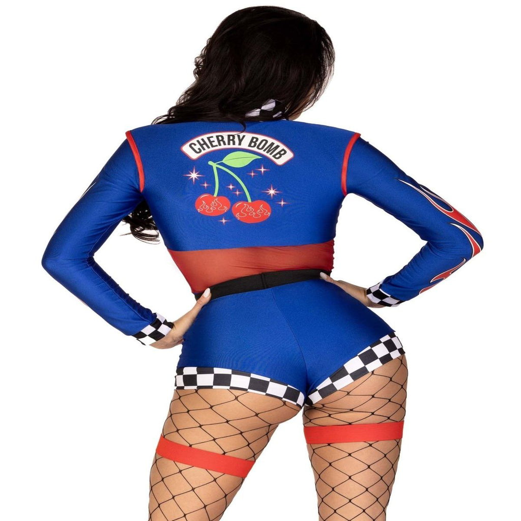 2 PC Cherry Bomb Racer Costume: blue long-sleeve romper with cherry logo, red belt, checkered trim, garters.