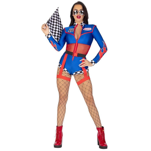 2-piece Cherry Bomb Racer Costume: blue/red zip romper, sheer midriff, belt with garters, flame and checkered trim.