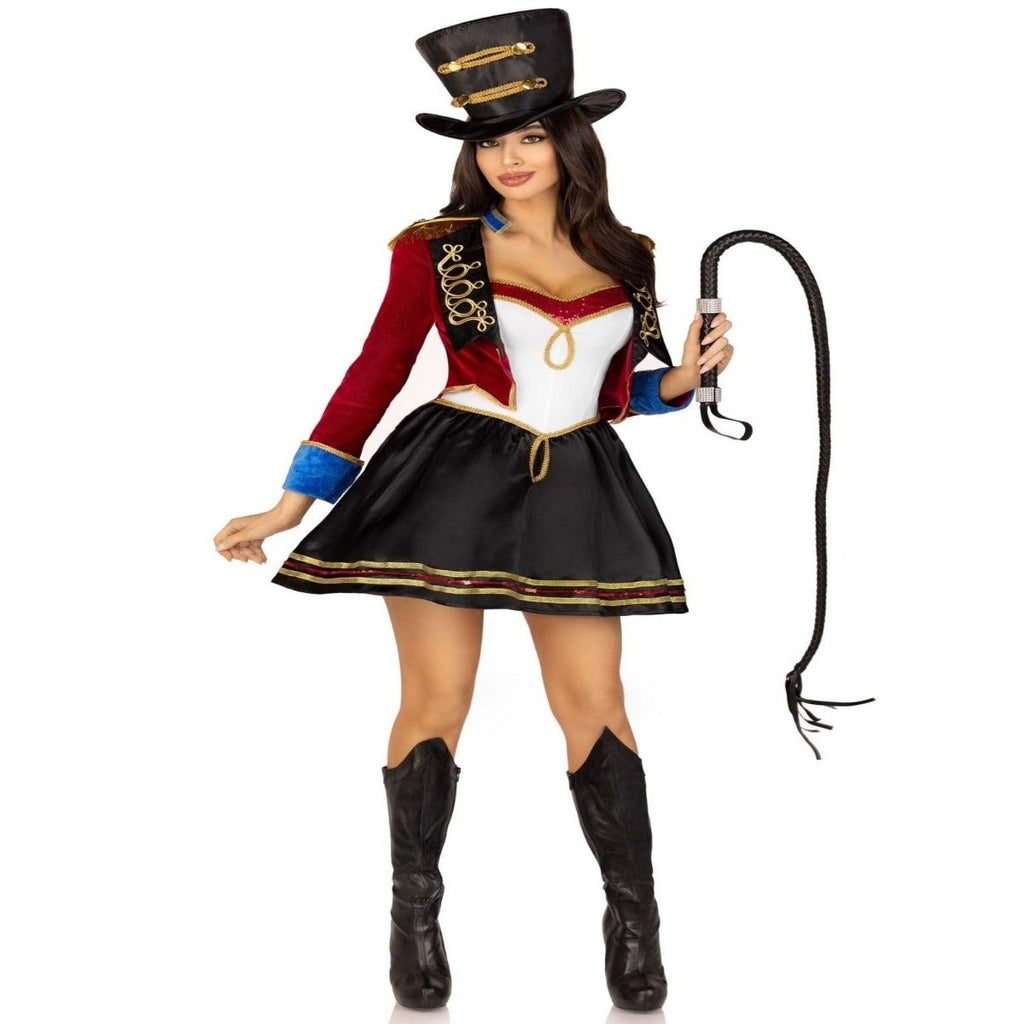 Two-piece Ringmaster costume with top hat, red jacket, white corset, black skirt, blue cuffs, boots, and whip.