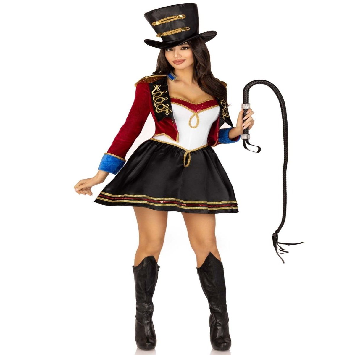 Two-piece Ringmaster costume with top hat, red jacket, white corset, black skirt, blue cuffs, boots, and whip.