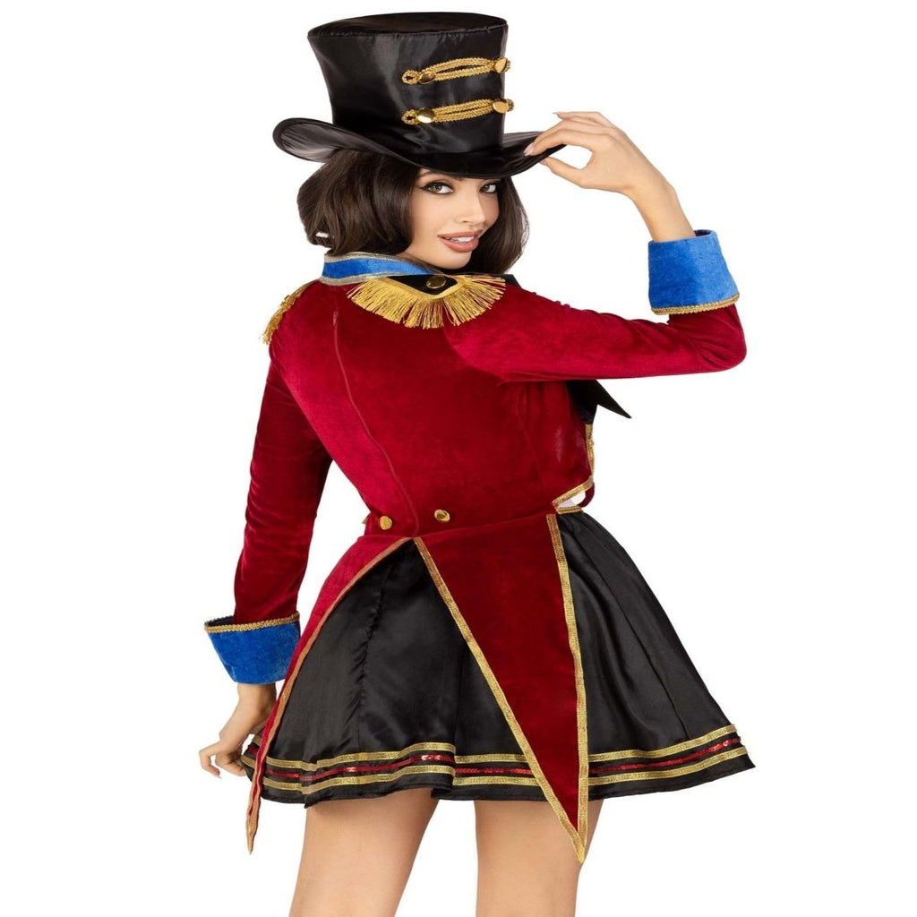 2 PC Classic Ringmaster Costume: red velvet coat with blue cuffs, black skirt with gold trim, top hat.