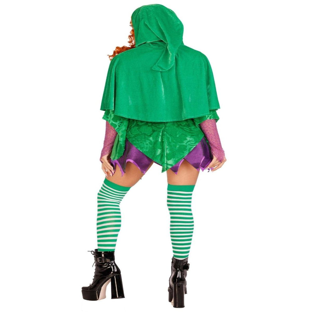 Back view of Crafty Spellcaster Costume: green velvet cape with hood over jagged skirt and striped stockings.